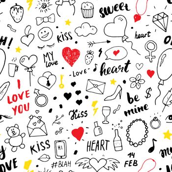 Love and Valentine Day seamless pattern vector illustration. Hand drawn sketched doodle romantic symbols background.