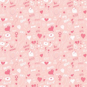 Love and Valentine Day seamless pattern vector illustration. Hand drawn sketched doodle romantic symbols background.