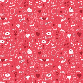 Love and Valentine Day seamless pattern vector illustration. Hand drawn sketched doodle romantic symbols background.