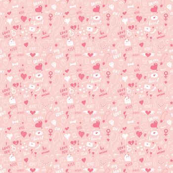 Love and Valentine Day seamless pattern vector illustration. Hand drawn sketched doodle romantic symbols background.