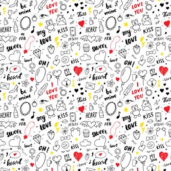 Love and Valentine Day seamless pattern vector illustration. Hand drawn sketched doodle romantic symbols background.