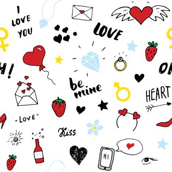 Love and Valentine Day seamless pattern vector illustration. Hand drawn sketched doodle romantic symbols background.