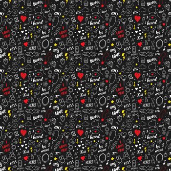 Love and Valentine Day seamless pattern vector illustration. Hand drawn sketched doodle romantic symbols background.