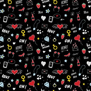 Love and Valentine Day seamless pattern vector illustration. Hand drawn sketched doodle romantic symbols background.