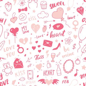 Love and Valentine Day seamless pattern vector illustration. Hand drawn sketched doodle romantic symbols background.