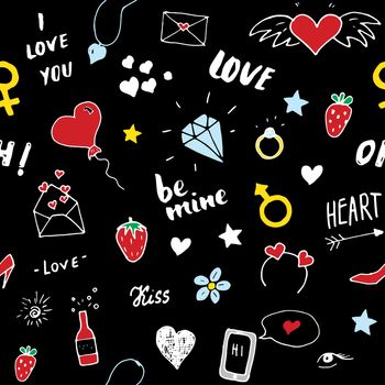 Love and Valentine Day seamless pattern vector illustration. Hand drawn sketched doodle romantic symbols background.