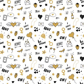 Love and Valentine Day seamless pattern vector illustration. Hand drawn sketched doodle romantic symbols background.