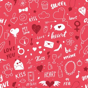 Love and Valentine Day seamless pattern vector illustration. Hand drawn sketched doodle romantic symbols background.