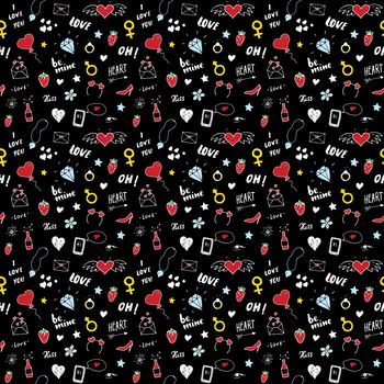 Love and Valentine Day seamless pattern vector illustration. Hand drawn sketched doodle romantic symbols background.