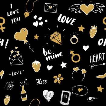 Love and Valentine Day seamless pattern vector illustration. Hand drawn sketched doodle romantic symbols background.