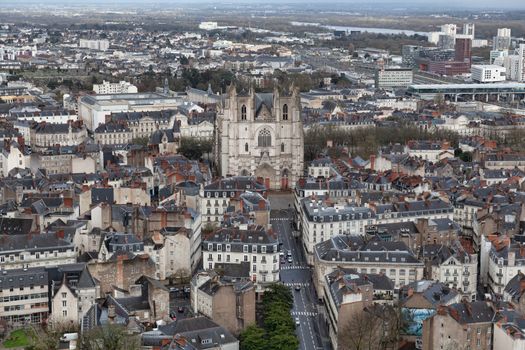 Nantes, France: 22 February 2020: Aerial view of Nantes showing Nantes Cathedral