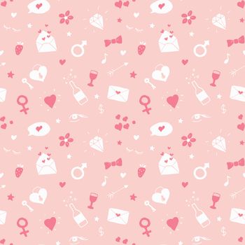 Love and Valentine Day seamless pattern vector illustration. Hand drawn sketched doodle romantic symbols background.