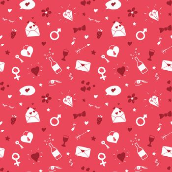 Love and Valentine Day seamless pattern vector illustration. Hand drawn sketched doodle romantic symbols background.