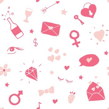 Love and Valentine Day seamless pattern vector illustration. Hand drawn sketched doodle romantic symbols background.