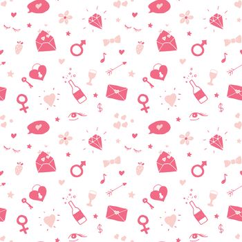 Love and Valentine Day seamless pattern vector illustration. Hand drawn sketched doodle romantic symbols background.