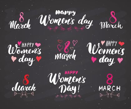 Happy Women's Day Hand letterings set. Holiday grunge textured retro design greeting cards vector illustration on chalkboard background.