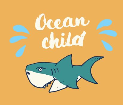 Cute Shark hand drawn sketch, T-shirt print design vector illustration.