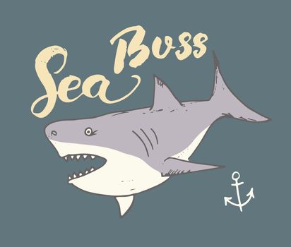 Cute Shark hand drawn sketch, T-shirt print design vector illustration.