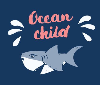 Cute Shark hand drawn sketch, T-shirt print design vector illustration.