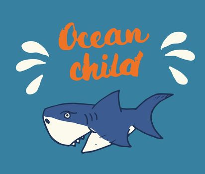 Cute Shark hand drawn sketch, T-shirt print design vector illustration.