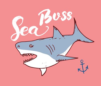 Cute Shark hand drawn sketch, T-shirt print design vector illustration.