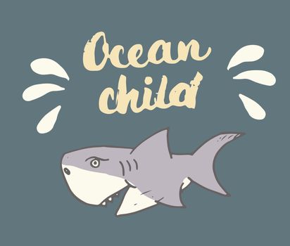 Cute Shark hand drawn sketch, T-shirt print design vector illustration.