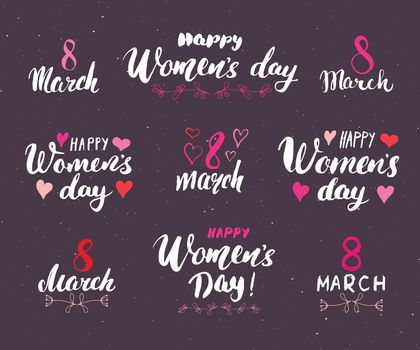 Happy Women's Day Hand letterings set. Holiday grunge textured retro design greeting cards vector illustration.