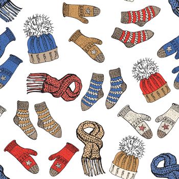 Winter season doodle clothes seamless pattern. Hand drawn sketch elements warm raindeer sweater socks, gloves and hats. vector background illustration