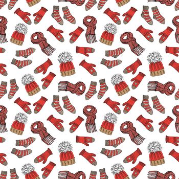 Winter season doodle clothes seamless pattern. Hand drawn sketch elements warm raindeer sweater socks, gloves and hats. vector background illustration