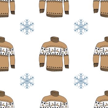 Winter season doodle clothes seamless pattern. Hand drawn sketch elements warm raindeer sweater socks, gloves and hats. vector background illustration