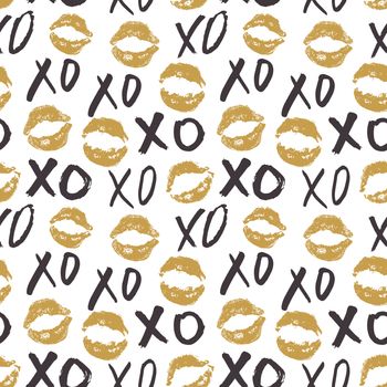 XOXO brush lettering signs seamless pattern, Grunge calligraphic hugs and kisses Phrase, Internet slang abbreviation XOXO symbols, vector illustration isolated on white background