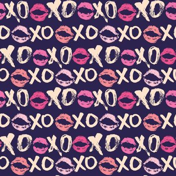 XOXO brush lettering signs seamless pattern, Grunge calligraphic hugs and kisses Phrase, Internet slang abbreviation XOXO symbols, vector illustration isolated on white background