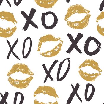 XOXO brush lettering signs seamless pattern, Grunge calligraphic hugs and kisses Phrase, Internet slang abbreviation XOXO symbols, vector illustration isolated on white background