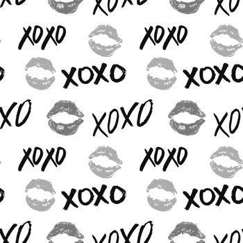 XOXO brush lettering signs seamless pattern, Grunge calligraphic hugs and kisses Phrase, Internet slang abbreviation XOXO symbols, vector illustration isolated on white background