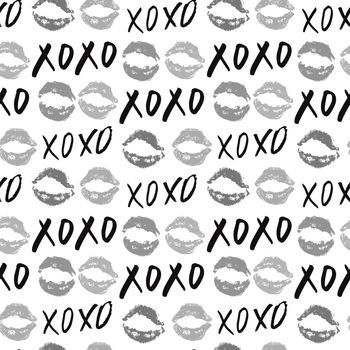 XOXO brush lettering signs seamless pattern, Grunge calligraphic hugs and kisses Phrase, Internet slang abbreviation XOXO symbols, vector illustration isolated on white background