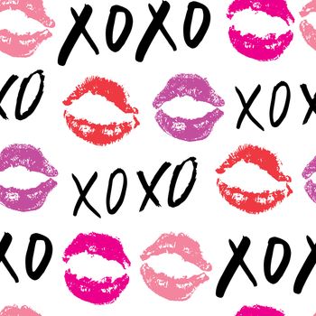 XOXO brush lettering signs seamless pattern, Grunge calligraphic hugs and kisses Phrase, Internet slang abbreviation XOXO symbols, vector illustration isolated on white background