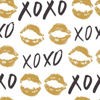 XOXO brush lettering signs seamless pattern, Grunge calligraphic hugs and kisses Phrase, Internet slang abbreviation XOXO symbols, vector illustration isolated on white background