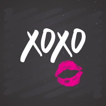 XOXO brush lettering sign, Grunge calligraphic hugs and kisses Phrase, Internet slang abbreviation XOXO symbols, vector illustration on chalkboard background.