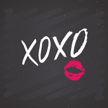 XOXO brush lettering sign, Grunge calligraphic hugs and kisses Phrase, Internet slang abbreviation XOXO symbols, vector illustration on chalkboard background.