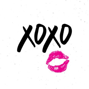 XOXO brush lettering sign, Grunge calligraphic hugs and kisses Phrase, Internet slang abbreviation XOXO symbols, vector illustration isolated on white background.