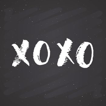 XOXO brush lettering sign, Grunge calligraphiv c hugs and kisses Phrase, Internet slang abbreviation XOXO symbols, vector illustration on chalkboard background.