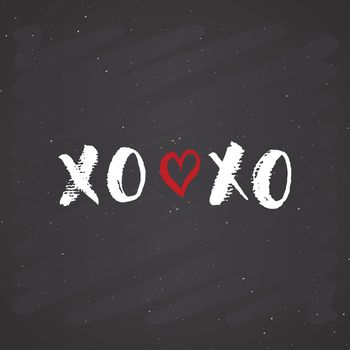 XOXO brush lettering sign, Grunge calligraphiv c hugs and kisses Phrase, Internet slang abbreviation XOXO symbols, vector illustration on chalkboard background.