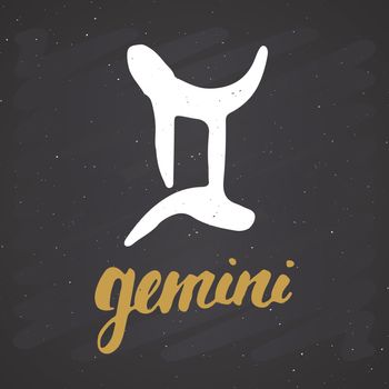 Zodiac sign Gemini and lettering. Hand drawn horoscope astrology symbol, grunge textured design, typography print, vector illustration on chalkboard background.