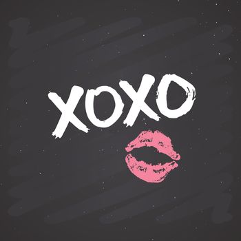 XOXO brush lettering sign, Grunge calligraphic hugs and kisses Phrase, Internet slang abbreviation XOXO symbols, vector illustration on chalkboard background.