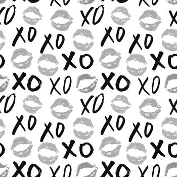 XOXO brush lettering signs seamless pattern, Grunge calligraphic hugs and kisses Phrase, Internet slang abbreviation XOXO symbols, vector illustration isolated on white background