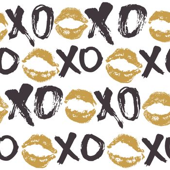 XOXO brush lettering signs seamless pattern, Grunge calligraphic hugs and kisses Phrase, Internet slang abbreviation XOXO symbols, vector illustration