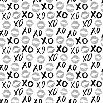 XOXO brush lettering signs seamless pattern, Grunge calligraphic hugs and kisses Phrase, Internet slang abbreviation XOXO symbols, vector illustration isolated on white background