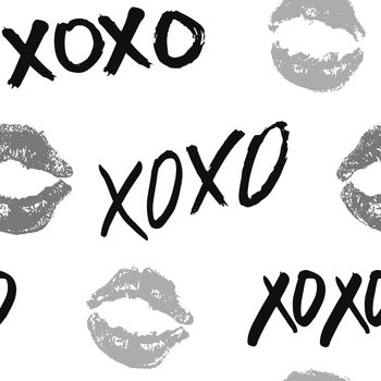 XOXO brush lettering signs seamless pattern, Grunge calligraphic hugs and kisses Phrase, Internet slang abbreviation XOXO symbols, vector illustration isolated on white background