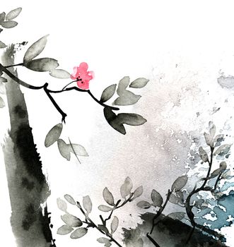 Watercolor and ink illustration of blossom tree with leaves and flowers in style sumi-e, u-sin. Oriental traditional painting. Design of background for greeting card, invitation or cover.