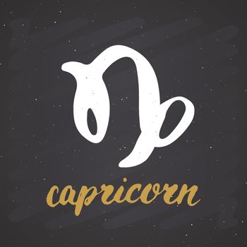 Zodiac sign Capricorn and lettering. Hand drawn horoscope astrology symbol, grunge textured design, typography print, vector illustration on chalkboard background.